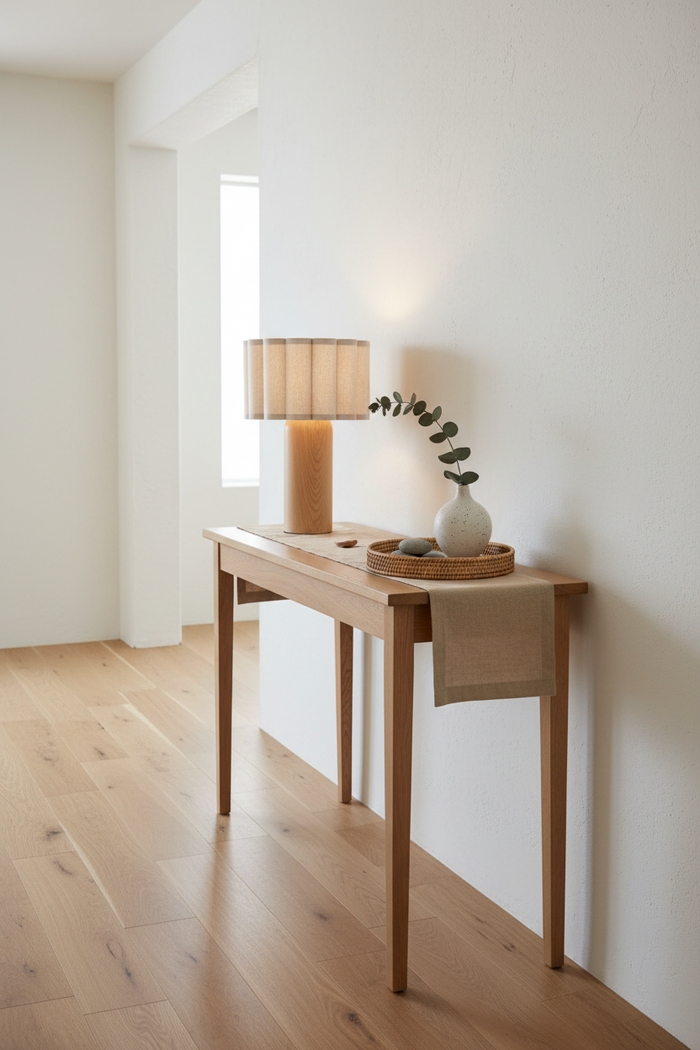 Wooden console table with lamp and decorative items in a minimalistic room.