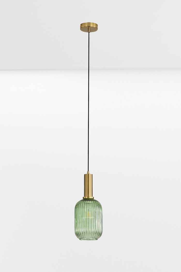 Green reeded glass shade with antique brass metalware.
