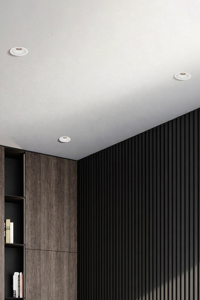 Three white LED ownlights in the ceiling of a modern office space.