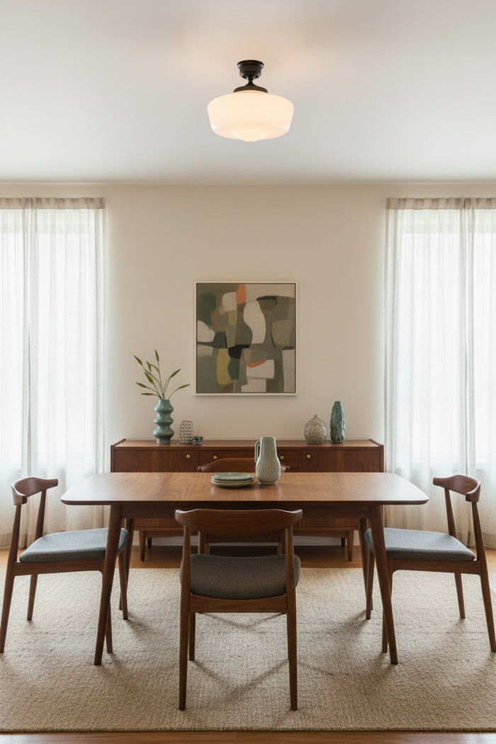 Large opal schoolhouse style shade on a black flushmount fiting over a mid century style dining space.