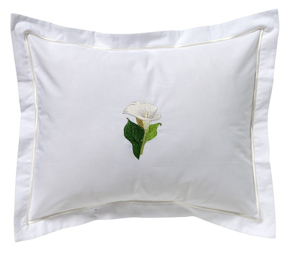 White Calla Lily Embroidered Boudoir Pillow Cover — embroidered textile and product presentation