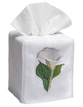 White Calla Lily Embroidered Linen-Cotton Tissue Box Cover — embroidered cover fitted over a separate tissue box