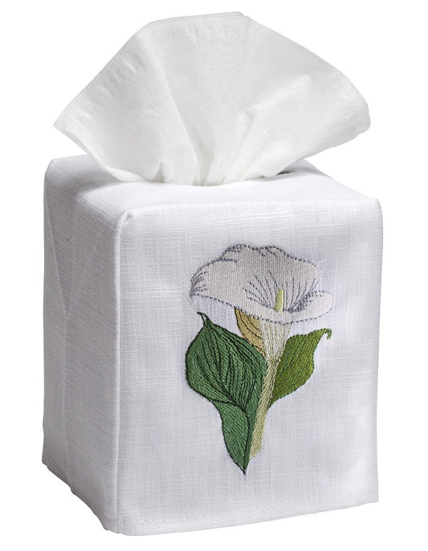 White Calla Lily Embroidered Linen-Cotton Tissue Box Cover — embroidered cover fitted over a separate tissue box