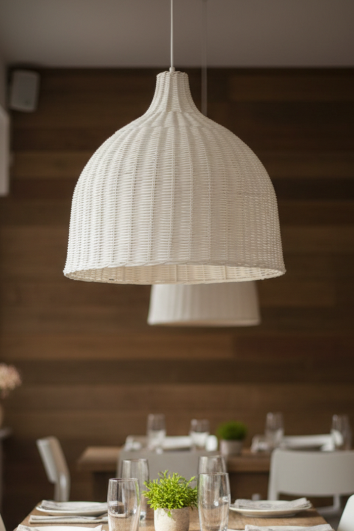 Dining room with wooden table and white chairs, featuring a hanging rattan pendant light.