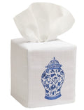 Wide Ginger Jar Embroidered Linen-Cotton Tissue Box Cover — embroidered cover fitted over a separate tissue box