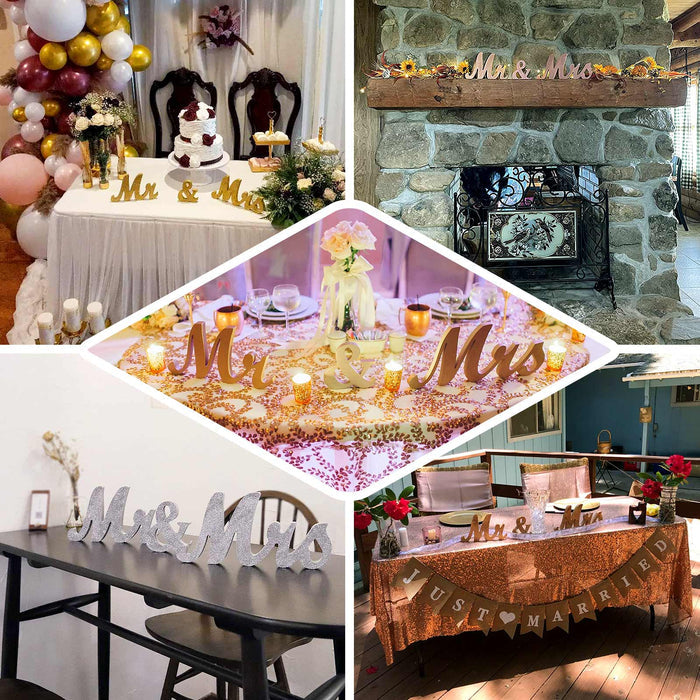 Decorative "Mr & Mrs" signs for wedding celebrations in various settings.
